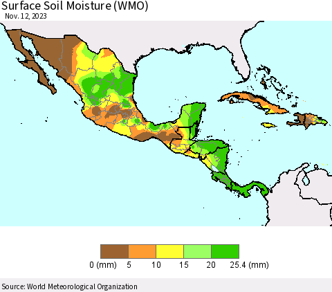 Mexico Central America and the Caribbean Surface Soil Moisture (WMO) Thematic Map For 11/6/2023 - 11/12/2023