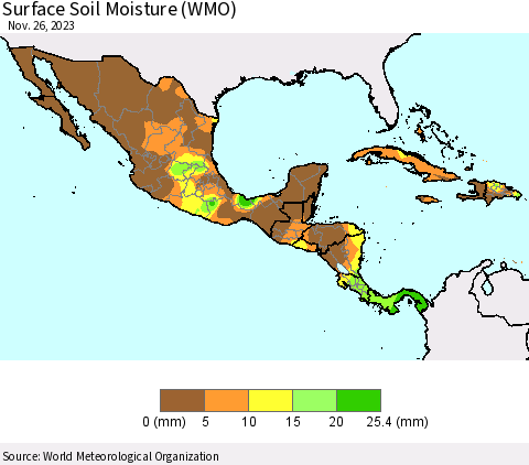Mexico Central America and the Caribbean Surface Soil Moisture (WMO) Thematic Map For 11/20/2023 - 11/26/2023