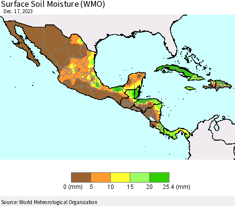 Mexico Central America and the Caribbean Surface Soil Moisture (WMO) Thematic Map For 12/11/2023 - 12/17/2023