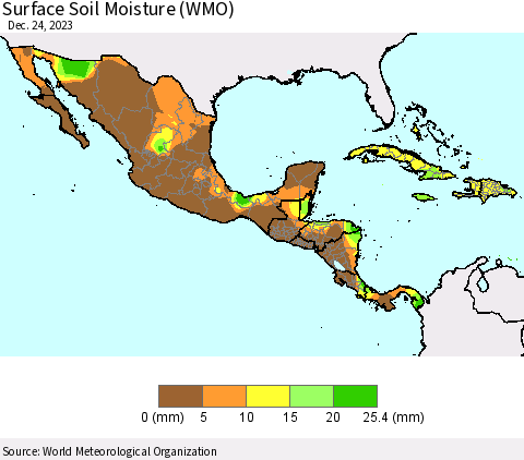 Mexico Central America and the Caribbean Surface Soil Moisture (WMO) Thematic Map For 12/18/2023 - 12/24/2023