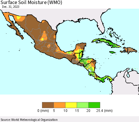 Mexico Central America and the Caribbean Surface Soil Moisture (WMO) Thematic Map For 12/25/2023 - 12/31/2023