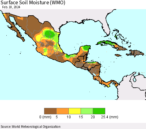 Mexico Central America and the Caribbean Surface Soil Moisture (WMO) Thematic Map For 2/12/2024 - 2/18/2024