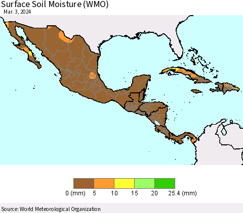 Mexico Central America and the Caribbean Surface Soil Moisture (WMO) Thematic Map For 2/26/2024 - 3/3/2024