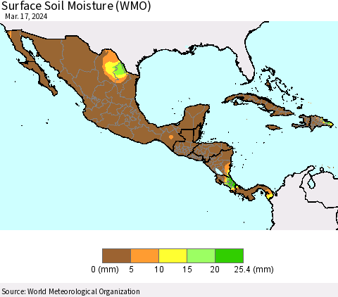 Mexico Central America and the Caribbean Surface Soil Moisture (WMO) Thematic Map For 3/11/2024 - 3/17/2024