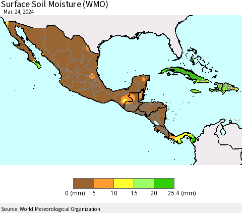 Mexico Central America and the Caribbean Surface Soil Moisture (WMO) Thematic Map For 3/18/2024 - 3/24/2024