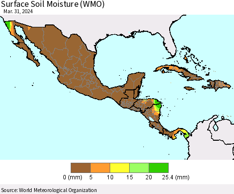 Mexico Central America and the Caribbean Surface Soil Moisture (WMO) Thematic Map For 3/25/2024 - 3/31/2024