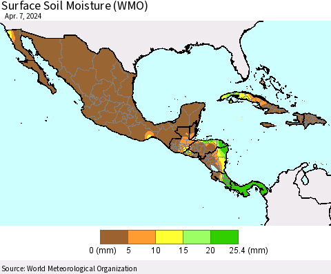 Mexico Central America and the Caribbean Surface Soil Moisture (WMO) Thematic Map For 4/1/2024 - 4/7/2024