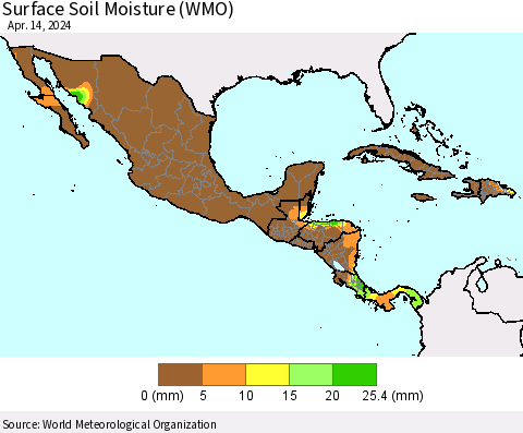 Mexico Central America and the Caribbean Surface Soil Moisture (WMO) Thematic Map For 4/8/2024 - 4/14/2024