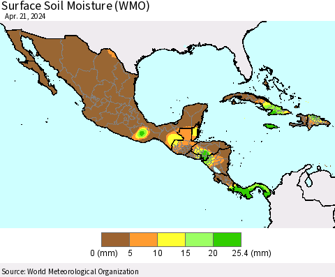 Mexico Central America and the Caribbean Surface Soil Moisture (WMO) Thematic Map For 4/15/2024 - 4/21/2024