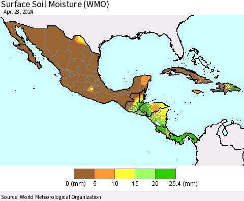 Mexico Central America and the Caribbean Surface Soil Moisture (WMO) Thematic Map For 4/22/2024 - 4/28/2024