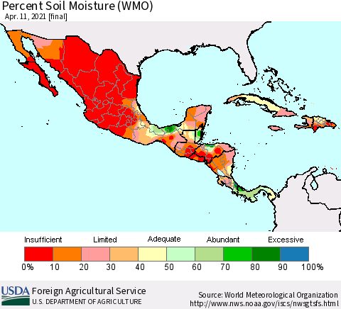 Mexico Central America and the Caribbean Percent Soil Moisture (WMO) Thematic Map For 4/5/2021 - 4/11/2021