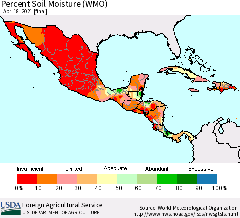 Mexico Central America and the Caribbean Percent Soil Moisture (WMO) Thematic Map For 4/12/2021 - 4/18/2021