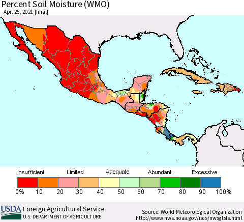 Mexico Central America and the Caribbean Percent Soil Moisture (WMO) Thematic Map For 4/19/2021 - 4/25/2021