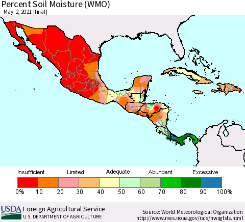Mexico Central America and the Caribbean Percent Soil Moisture (WMO) Thematic Map For 4/26/2021 - 5/2/2021