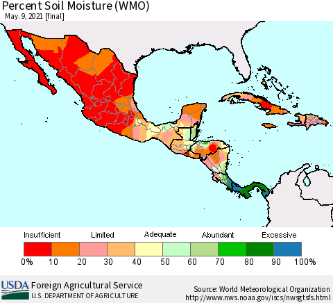 Mexico Central America and the Caribbean Percent Soil Moisture (WMO) Thematic Map For 5/3/2021 - 5/9/2021
