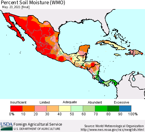 Mexico Central America and the Caribbean Percent Soil Moisture (WMO) Thematic Map For 5/17/2021 - 5/23/2021