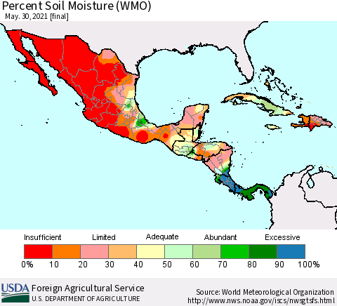 Mexico Central America and the Caribbean Percent Soil Moisture (WMO) Thematic Map For 5/24/2021 - 5/30/2021