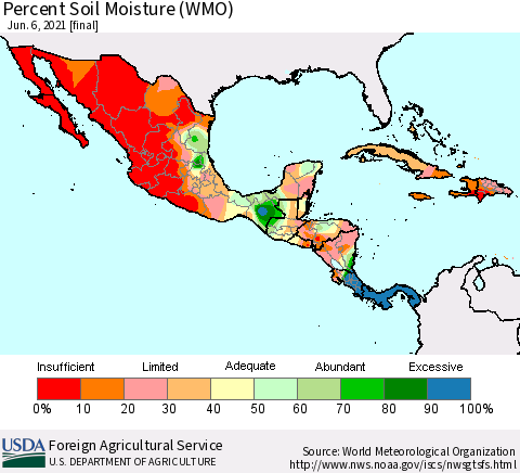 Mexico Central America and the Caribbean Percent Soil Moisture (WMO) Thematic Map For 5/31/2021 - 6/6/2021