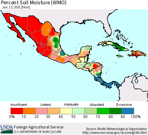 Mexico Central America and the Caribbean Percent Soil Moisture (WMO) Thematic Map For 6/7/2021 - 6/13/2021