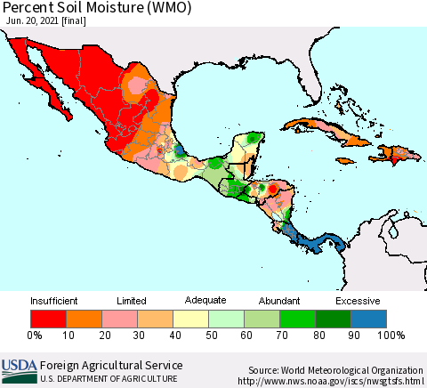Mexico Central America and the Caribbean Percent Soil Moisture (WMO) Thematic Map For 6/14/2021 - 6/20/2021