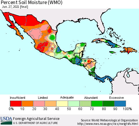 Mexico Central America and the Caribbean Percent Soil Moisture (WMO) Thematic Map For 6/21/2021 - 6/27/2021