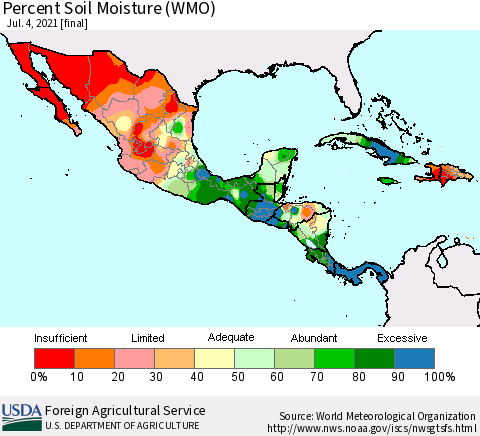 Mexico Central America and the Caribbean Percent Soil Moisture (WMO) Thematic Map For 6/28/2021 - 7/4/2021