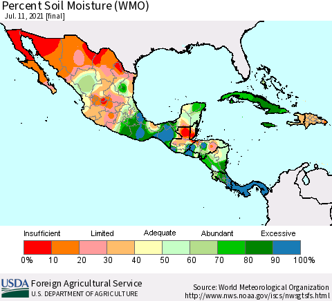 Mexico Central America and the Caribbean Percent Soil Moisture (WMO) Thematic Map For 7/5/2021 - 7/11/2021