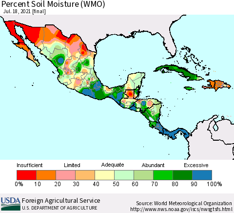 Mexico Central America and the Caribbean Percent Soil Moisture (WMO) Thematic Map For 7/12/2021 - 7/18/2021