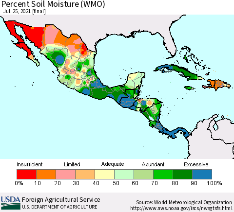 Mexico Central America and the Caribbean Percent Soil Moisture (WMO) Thematic Map For 7/19/2021 - 7/25/2021
