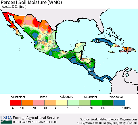Mexico Central America and the Caribbean Percent Soil Moisture (WMO) Thematic Map For 7/26/2021 - 8/1/2021