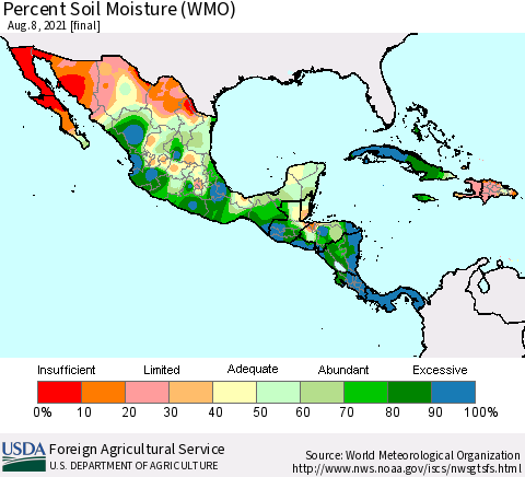 Mexico Central America and the Caribbean Percent Soil Moisture (WMO) Thematic Map For 8/2/2021 - 8/8/2021