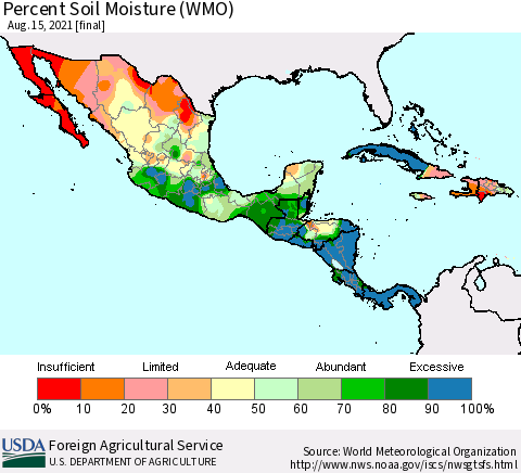 Mexico Central America and the Caribbean Percent Soil Moisture (WMO) Thematic Map For 8/9/2021 - 8/15/2021