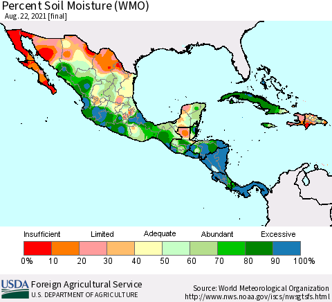 Mexico Central America and the Caribbean Percent Soil Moisture (WMO) Thematic Map For 8/16/2021 - 8/22/2021