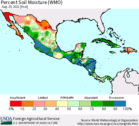 Mexico Central America and the Caribbean Percent Soil Moisture (WMO) Thematic Map For 8/23/2021 - 8/29/2021