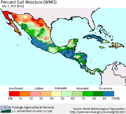 Mexico Central America and the Caribbean Percent Soil Moisture (WMO) Thematic Map For 8/30/2021 - 9/5/2021
