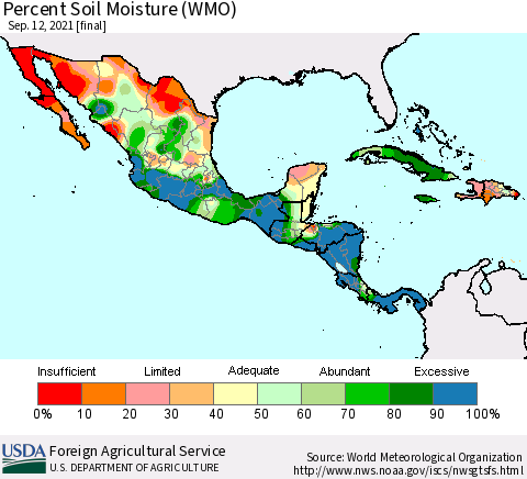 Mexico Central America and the Caribbean Percent Soil Moisture (WMO) Thematic Map For 9/6/2021 - 9/12/2021