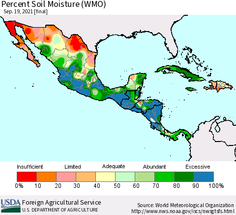 Mexico Central America and the Caribbean Percent Soil Moisture (WMO) Thematic Map For 9/13/2021 - 9/19/2021