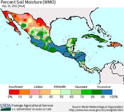 Mexico Central America and the Caribbean Percent Soil Moisture (WMO) Thematic Map For 9/20/2021 - 9/26/2021