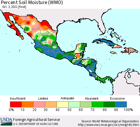 Mexico Central America and the Caribbean Percent Soil Moisture (WMO) Thematic Map For 9/27/2021 - 10/3/2021