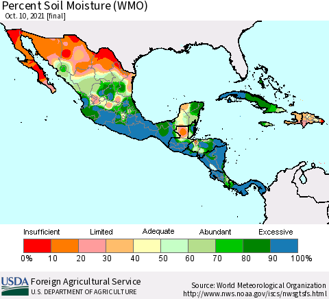 Mexico Central America and the Caribbean Percent Soil Moisture (WMO) Thematic Map For 10/4/2021 - 10/10/2021