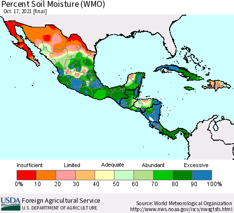 Mexico Central America and the Caribbean Percent Soil Moisture (WMO) Thematic Map For 10/11/2021 - 10/17/2021