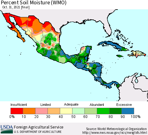 Mexico Central America and the Caribbean Percent Soil Moisture (WMO) Thematic Map For 10/25/2021 - 10/31/2021