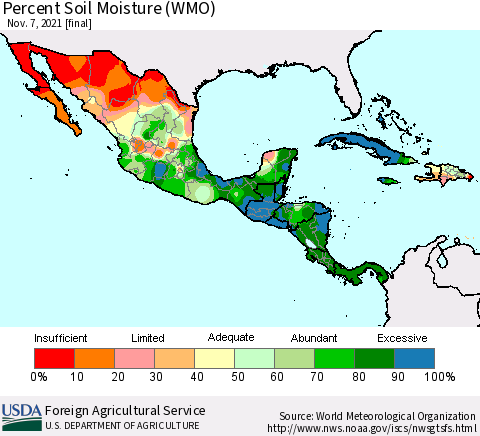 Mexico Central America and the Caribbean Percent Soil Moisture (WMO) Thematic Map For 11/1/2021 - 11/7/2021