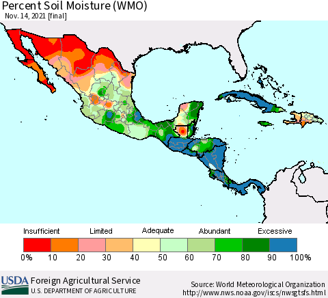 Mexico Central America and the Caribbean Percent Soil Moisture (WMO) Thematic Map For 11/8/2021 - 11/14/2021