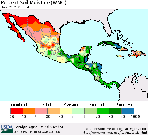 Mexico Central America and the Caribbean Percent Soil Moisture (WMO) Thematic Map For 11/22/2021 - 11/28/2021