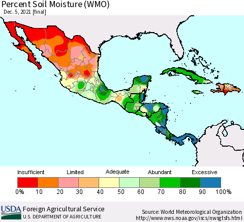 Mexico Central America and the Caribbean Percent Soil Moisture (WMO) Thematic Map For 11/29/2021 - 12/5/2021