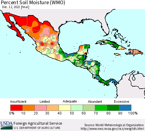 Mexico Central America and the Caribbean Percent Soil Moisture (WMO) Thematic Map For 12/6/2021 - 12/12/2021