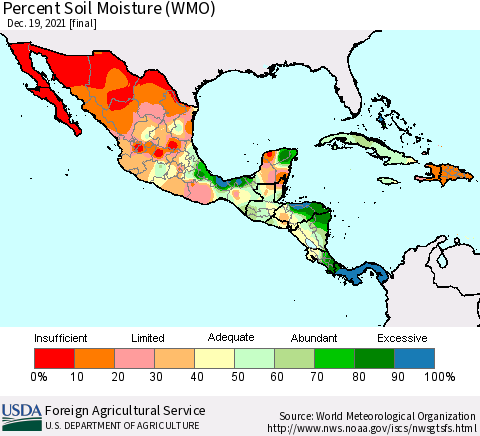 Mexico Central America and the Caribbean Percent Soil Moisture (WMO) Thematic Map For 12/13/2021 - 12/19/2021