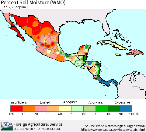 Mexico Central America and the Caribbean Percent Soil Moisture (WMO) Thematic Map For 12/27/2021 - 1/2/2022