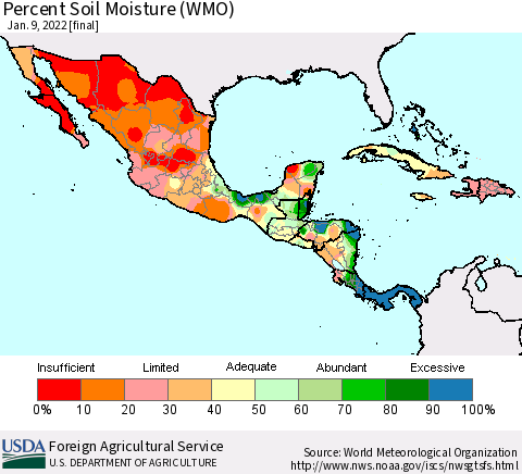 Mexico Central America and the Caribbean Percent Soil Moisture (WMO) Thematic Map For 1/3/2022 - 1/9/2022